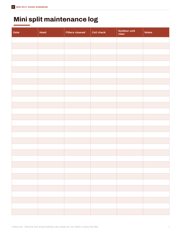 Preview of Printable Mini Split Filter Cleaning Log